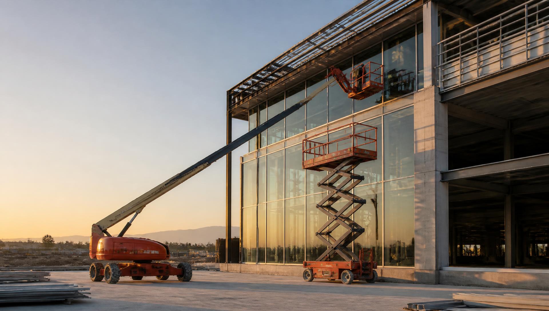 Boom lift and scissor lift working on a commercial construction site